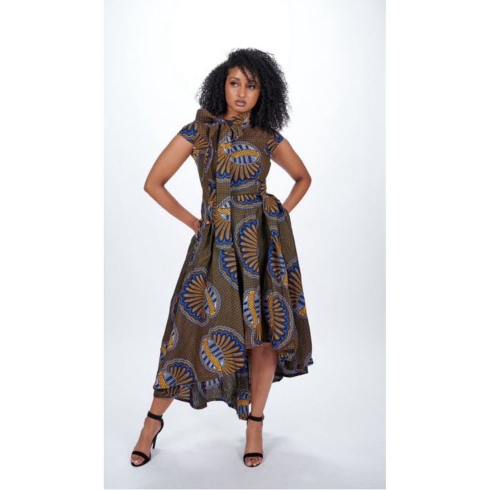 Ray Darten Gown Women's L Navy Blue & Yellow Seashell Ayoade African‎ High Low - Picture 3 of 16